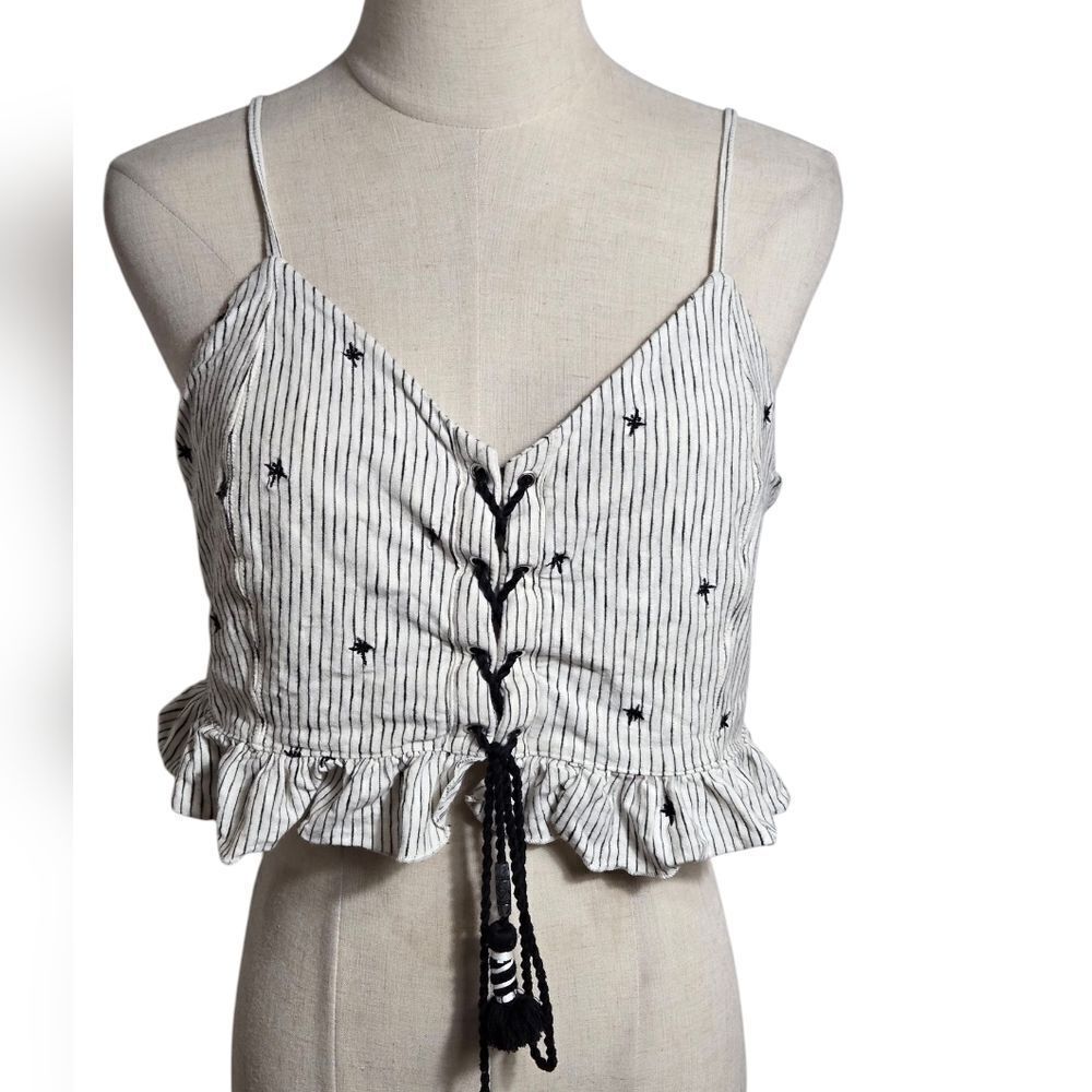American Eagle Striped Black and White Ruffle Lace Up Crop Top